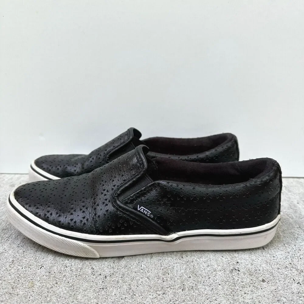 Vans Asher Slip On Shoes Womens 7 Black Perforated Leather Sneaker 721356 Skater